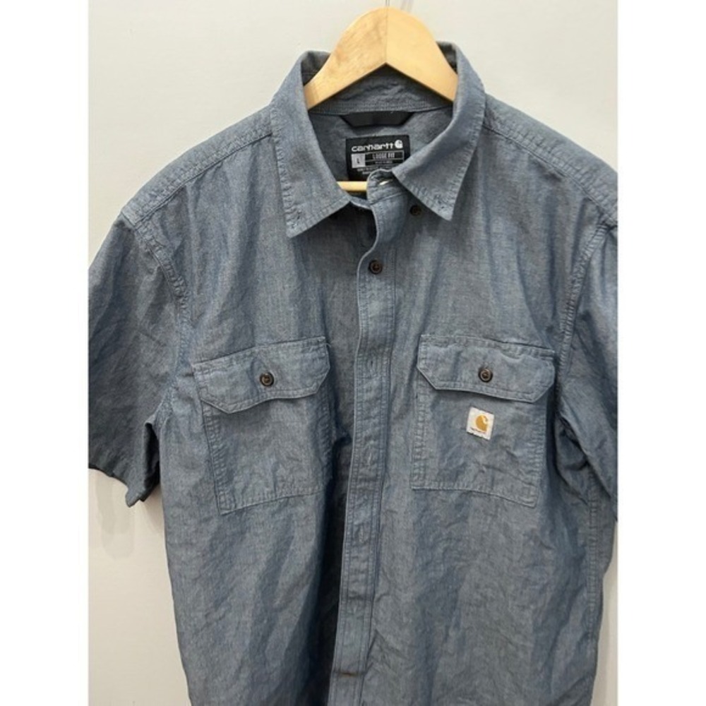 Carhartt Men's Large Loose Fit Chambray Shirt Short Sleeve Dual Pocket Blue - Picture 4 of 4